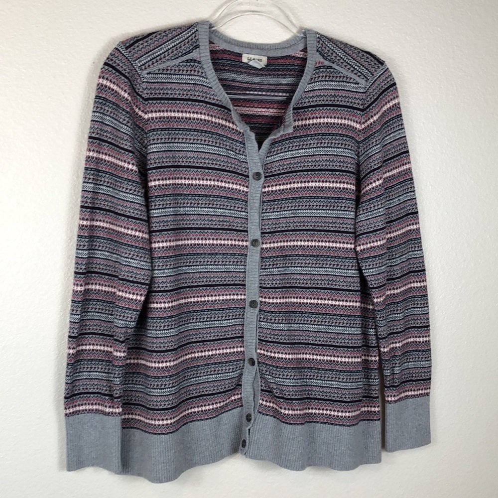 L.L. Bean Cardigan Fair Isle Cotton Cashmere Blend Sweater Gray Pink Size Large